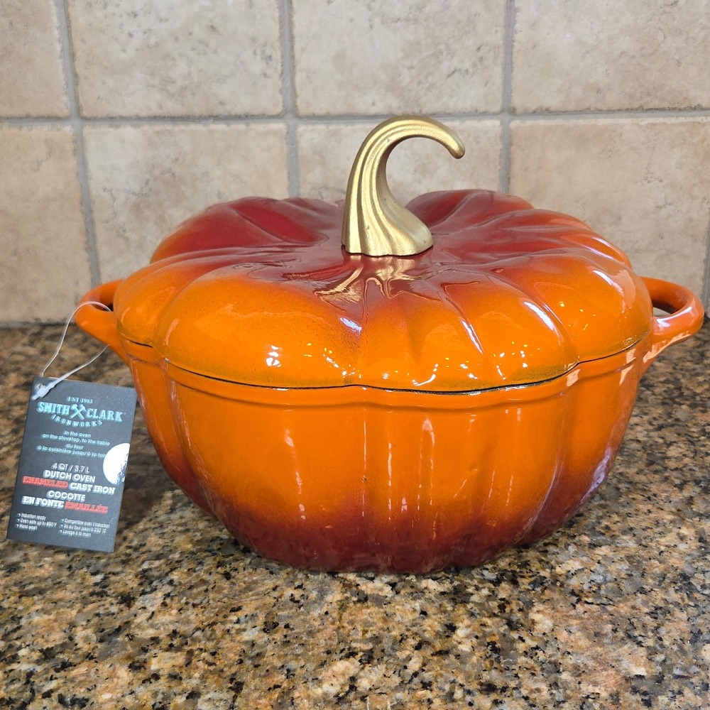 SMITH & CLARK 4qt Orange Autumn Ombré Pumpkin Enameled Cast Iron Dutch Oven
